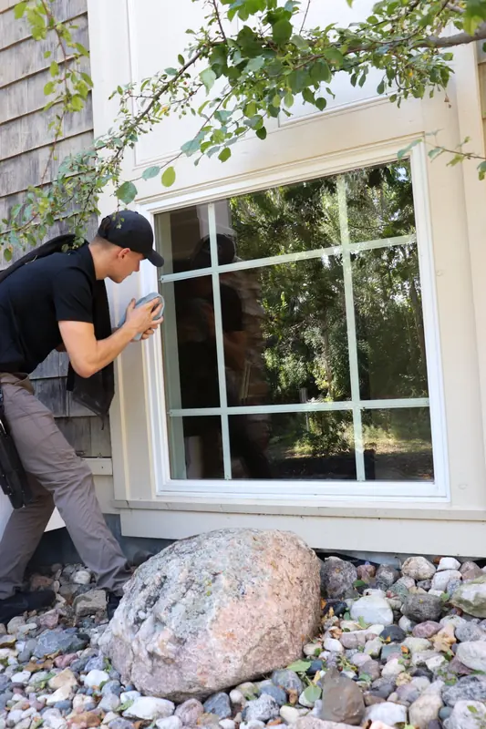 Hand-detailing a window frame and sill beside a landscaped bed