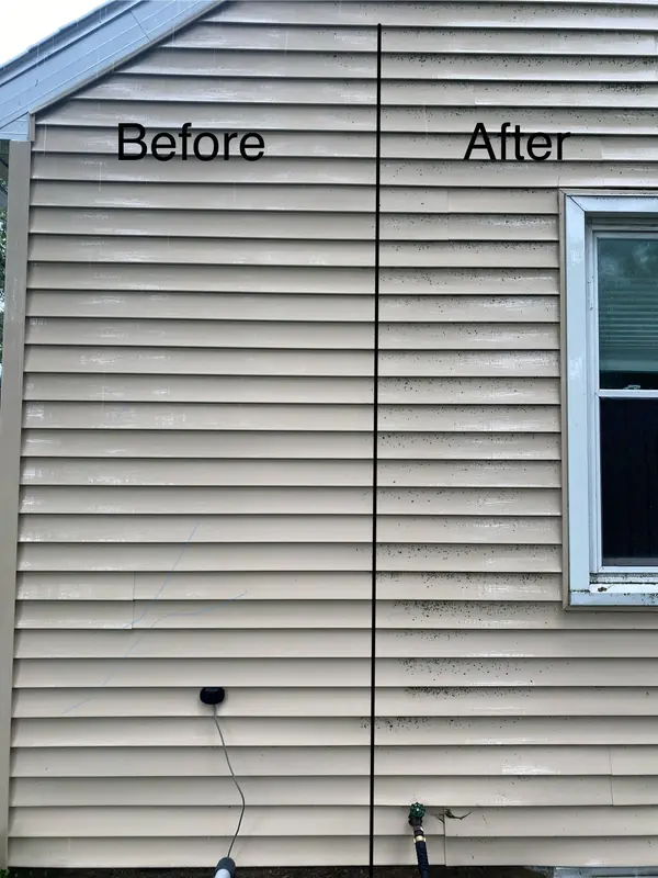 Siding cleaned, before and after in one photo